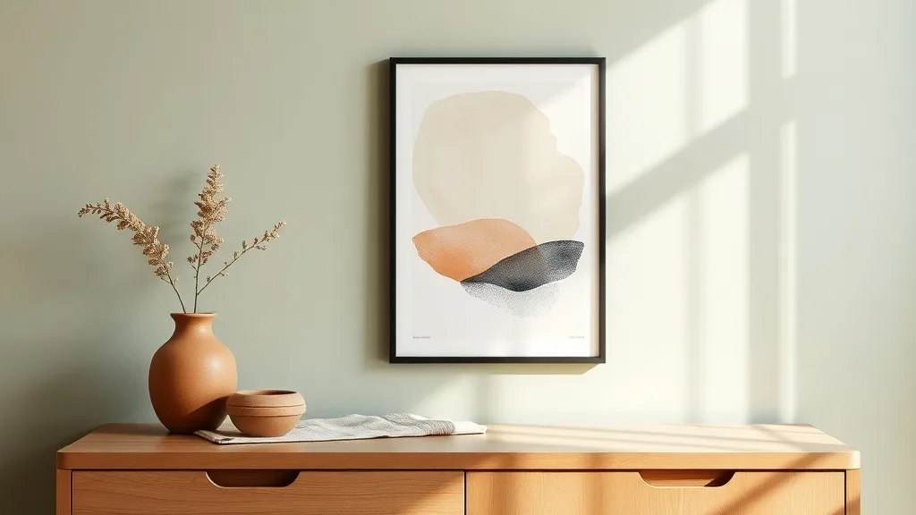 Affiche abstraite format A2 avec cadre noir accrochée sur un mur clair, lignes géométriques et taches de couleur
