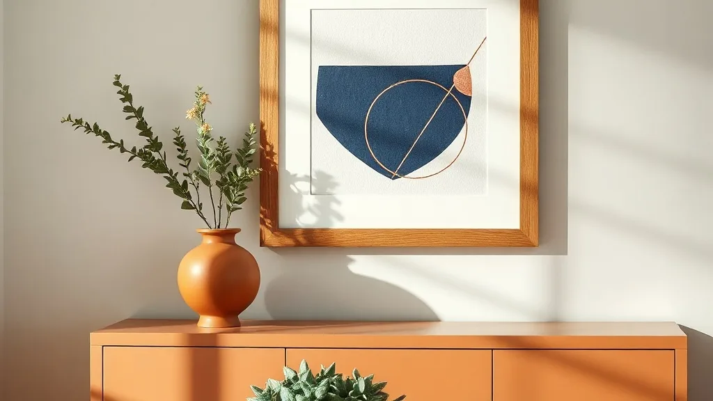 Impression d'art encadrée au motif montagne géométrique bleu marine et cuivre, cadre blanc sur mur clair