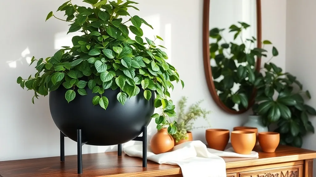 Grand cache-pot cylindrique noir mat posé sur un support métallique à trois pieds, dans un salon lumineux