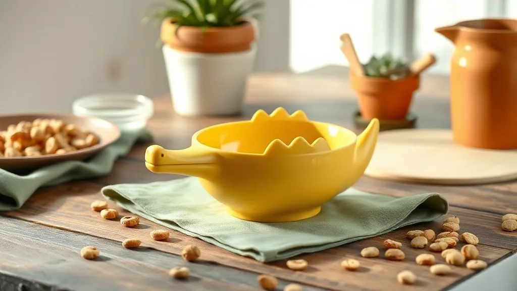 Un bol jaune en mélamine illustré d’un crocodile souriant, au style rétro, posé sur une table en bois.