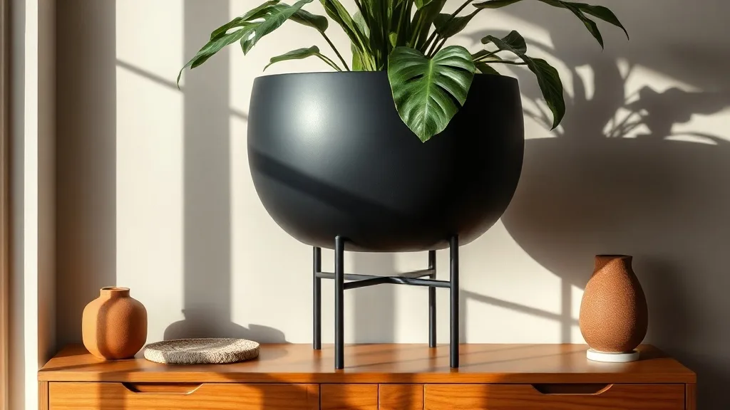 Grand cache-pot cylindrique posé sur un support tripode en métal noir mat, plante verte retombante, sol en parquet clair