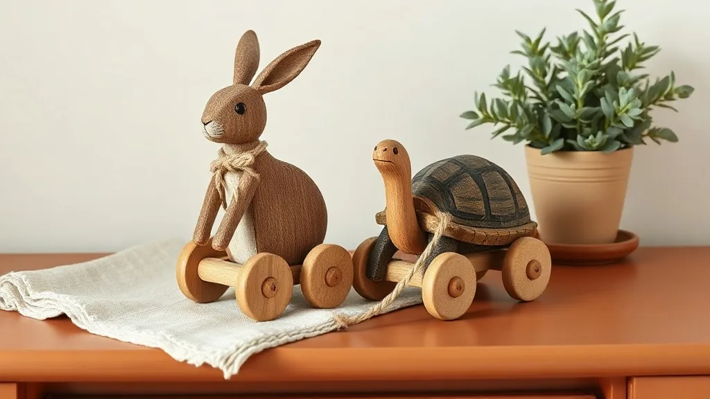 Le lièvre et la tortue en bois : le jouet à tirer qui avance à votre rythme