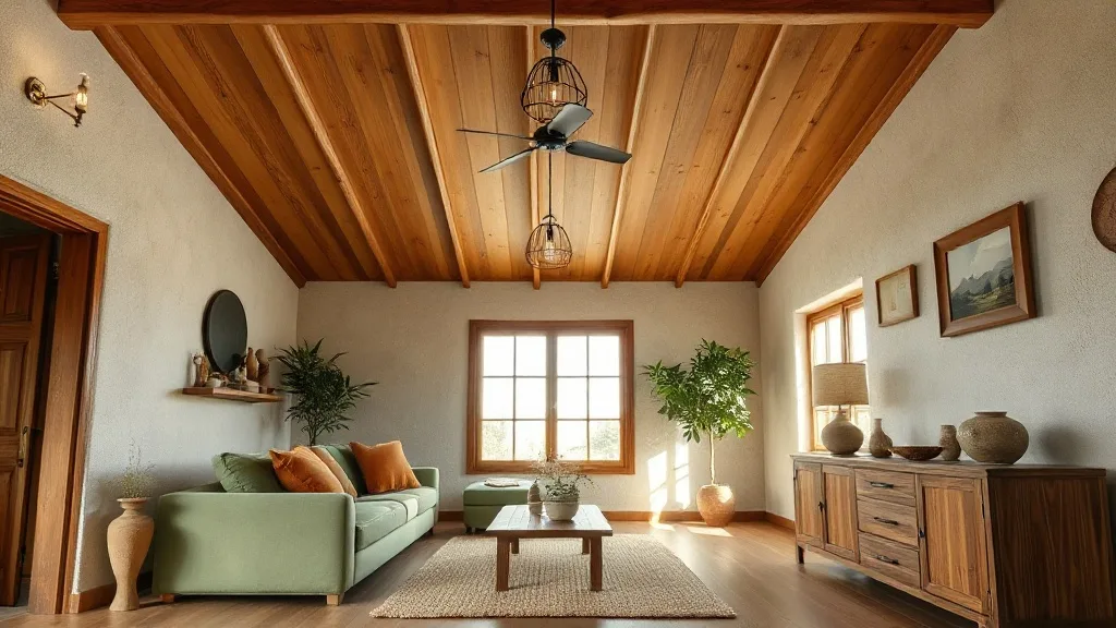 Plafond en lames de bois clair avec poutres apparentes dans un salon lumineux