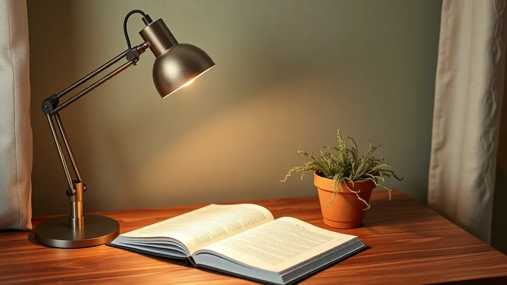 Lampe de bureau articulée en métal orange posée sur un plan de travail en bois, le faisceau éclaire un carnet et une tasse