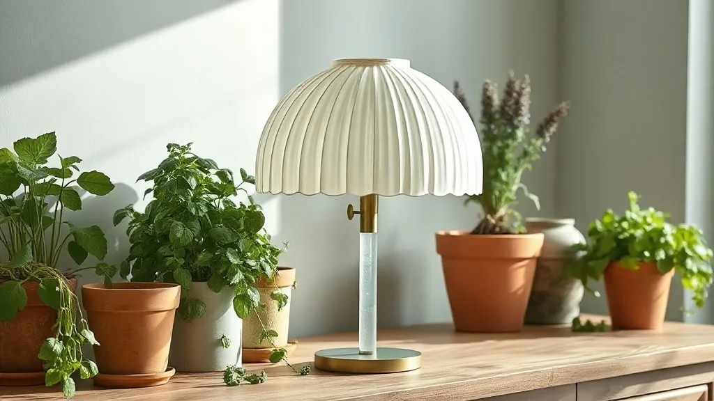 Lampe de table style Bourgie en polycarbonate transparent posée sur un buffet en bois sombre, abat-jour plissé éclairé par une ampoule à filament apparent